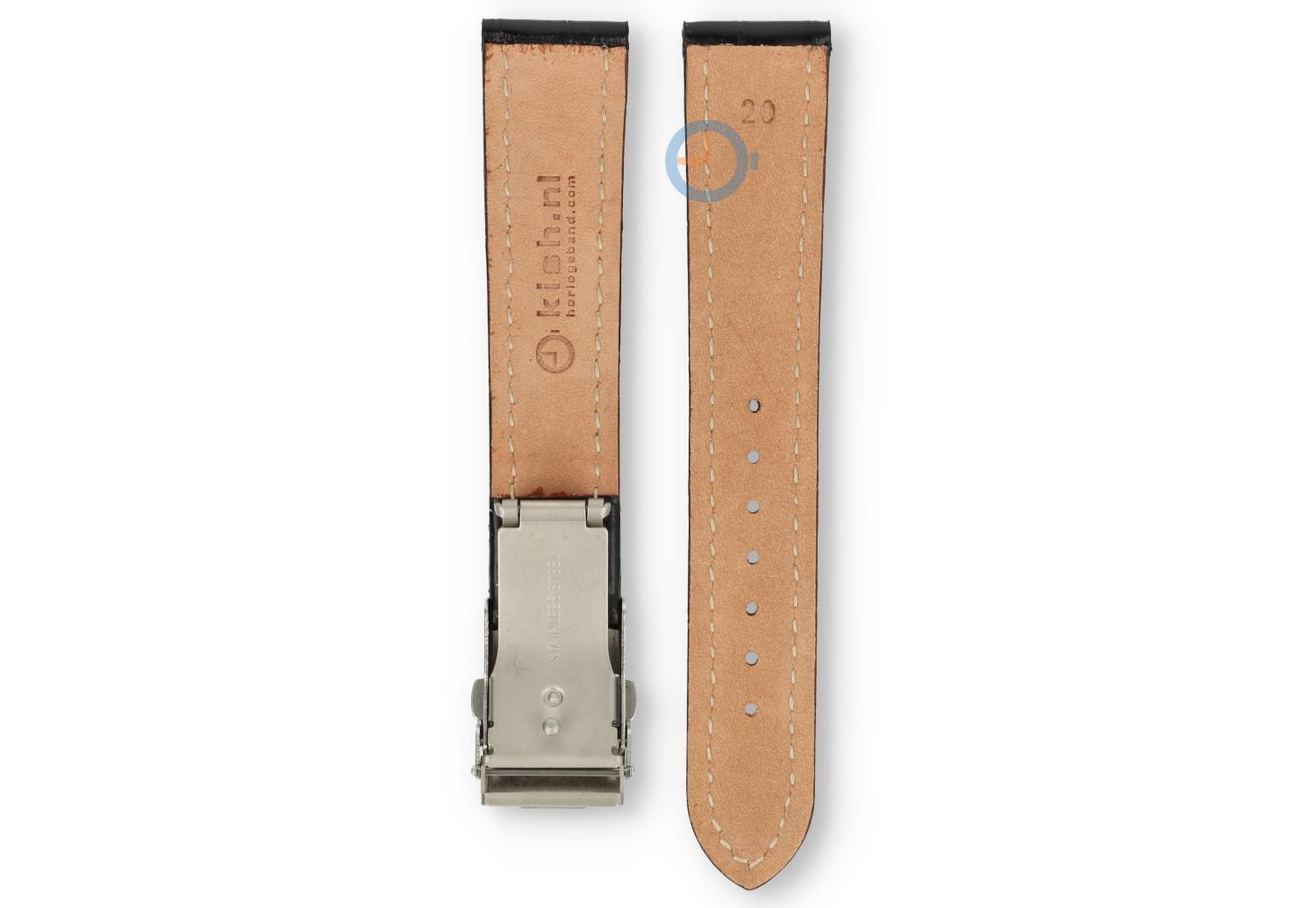 Horlogeband met vouwsluiting 20mm zwart leer