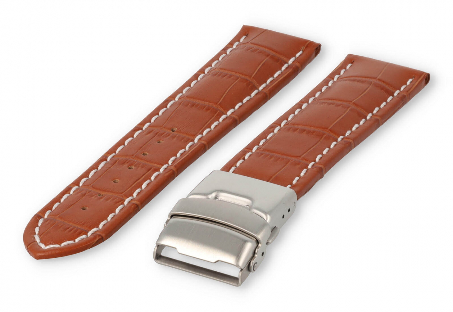 Uhrenarmband mit Faltschließe 22mm hellbraunes Leder mit weißen Nähten