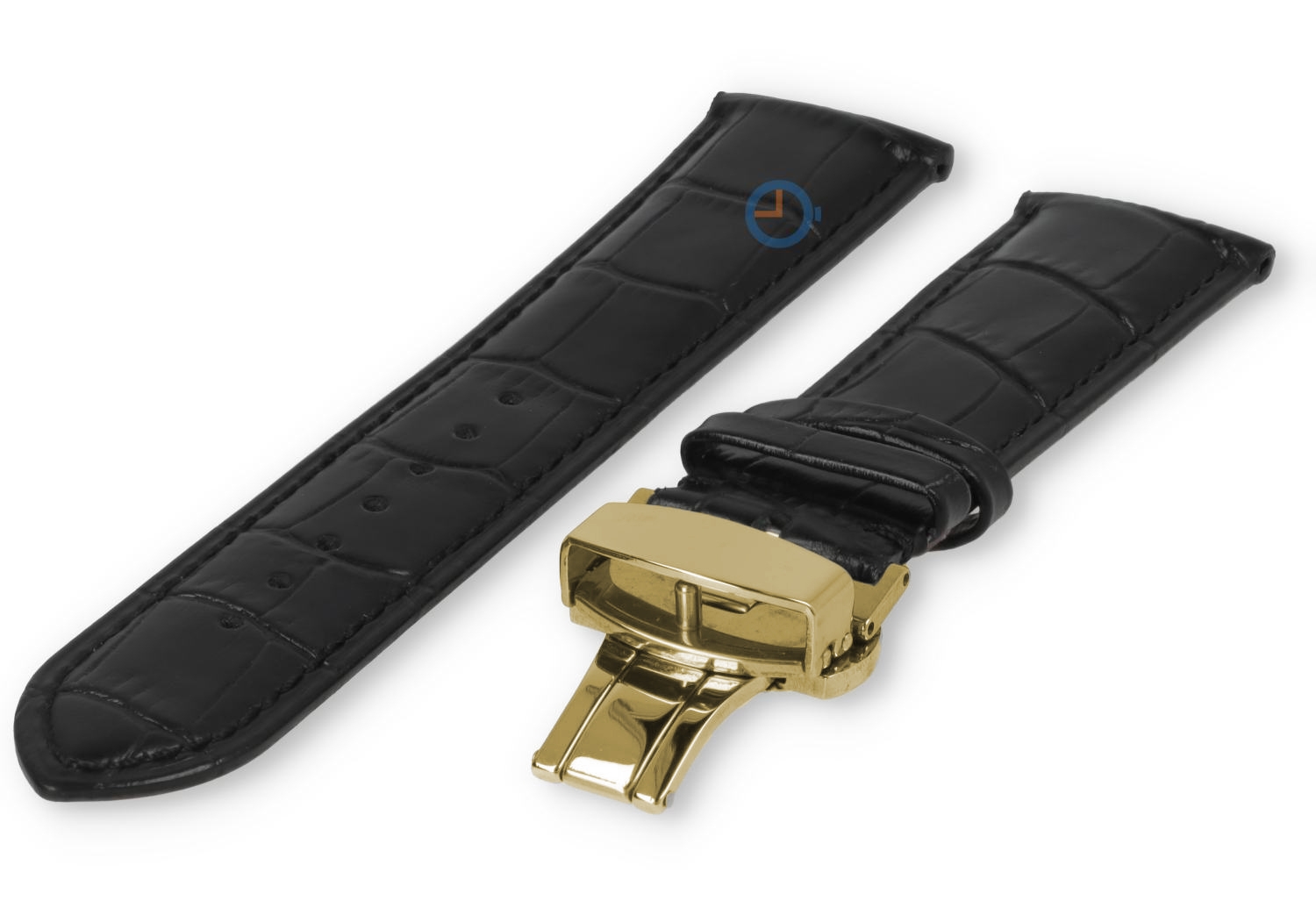 Luxe Seiko horlogeband zwart leer - vlindersluiting (goud) - 22mm