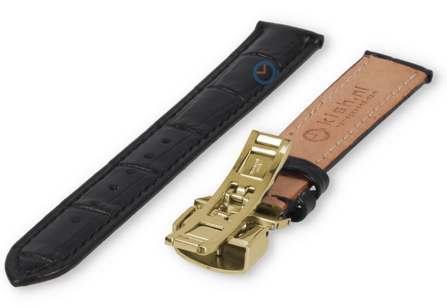 Klassisches Uhrenarmband aus schwarzem Leder – Faltschließe (gold) – 16 mm