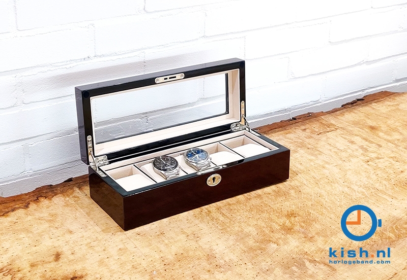 Houten horlogebox met slot voor 5 horloges - dark cherry