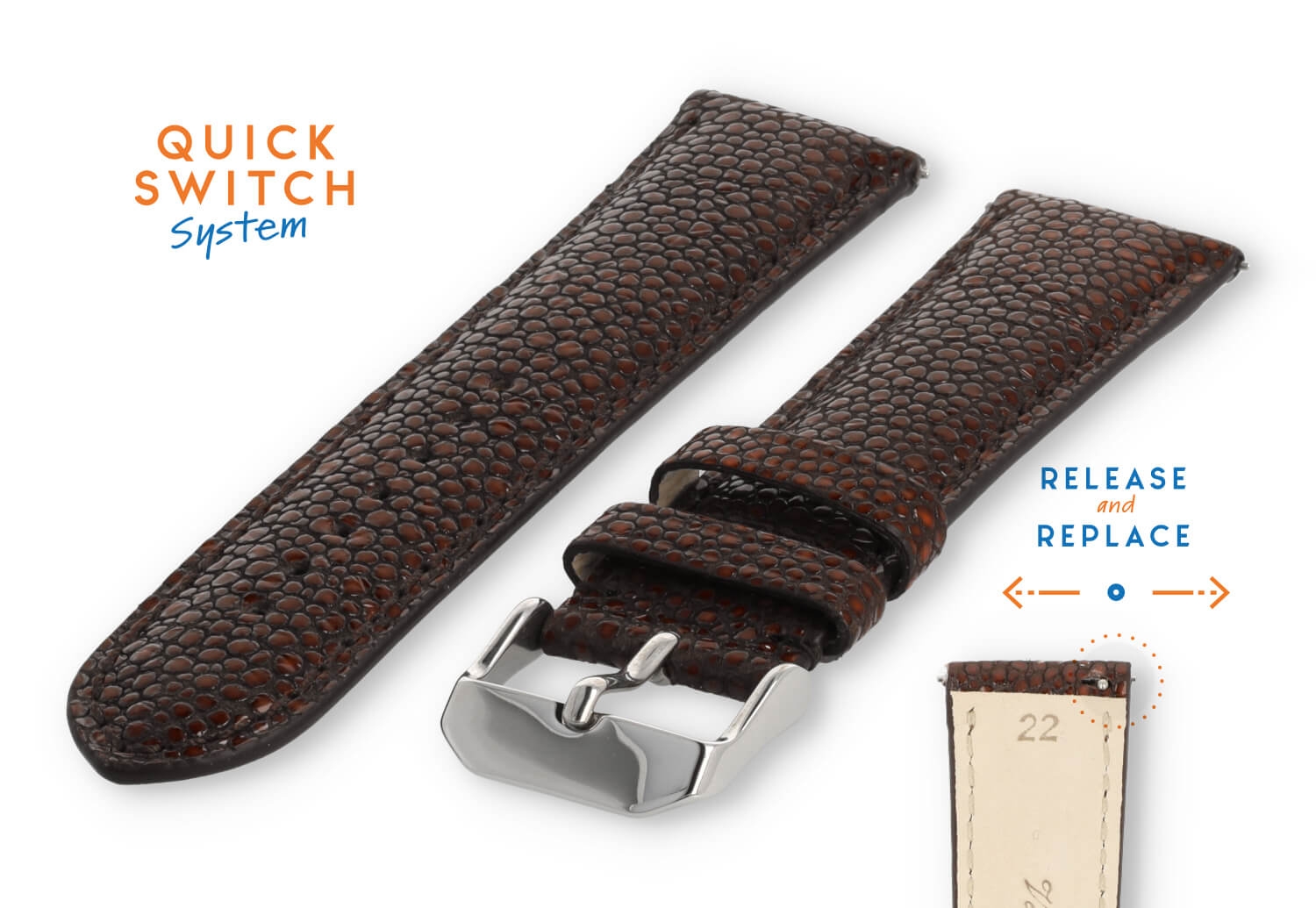 Uhrenarmband 22mm Braun Leder mit Stingray - Druck
