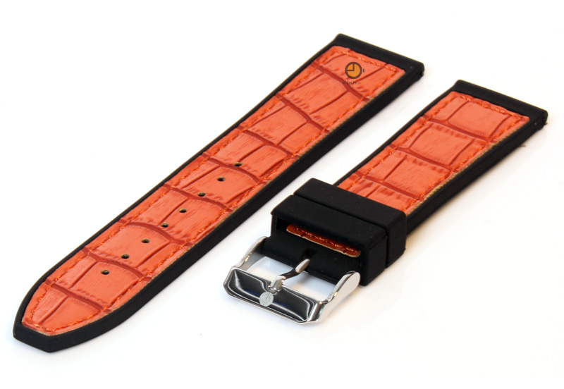 Uhrenarmband 24mm Schwarz/Orange Silikon mit Kroko - Druck