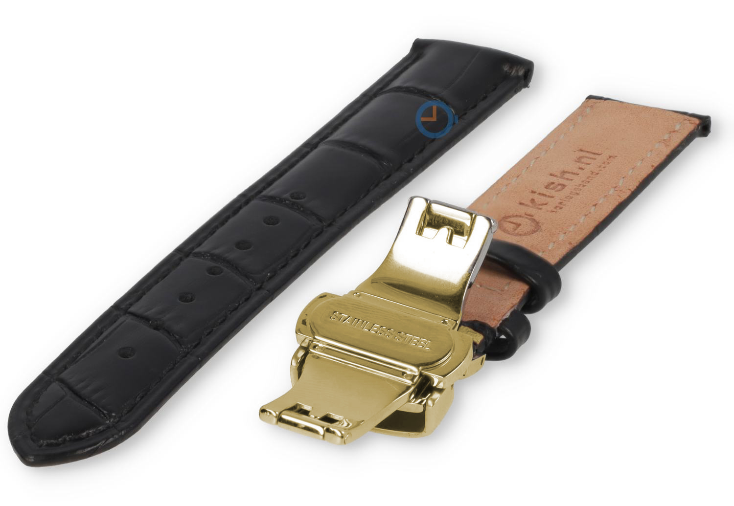 Luxuriöses Jaguar-Uhrenarmband aus schwarzem Leder – Faltschließe (gold) – 18 mm