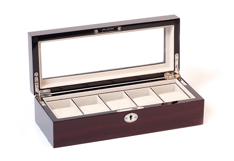 Holz Uhrenbox mit Schloss für 5 Armbanduhren- dark cherry