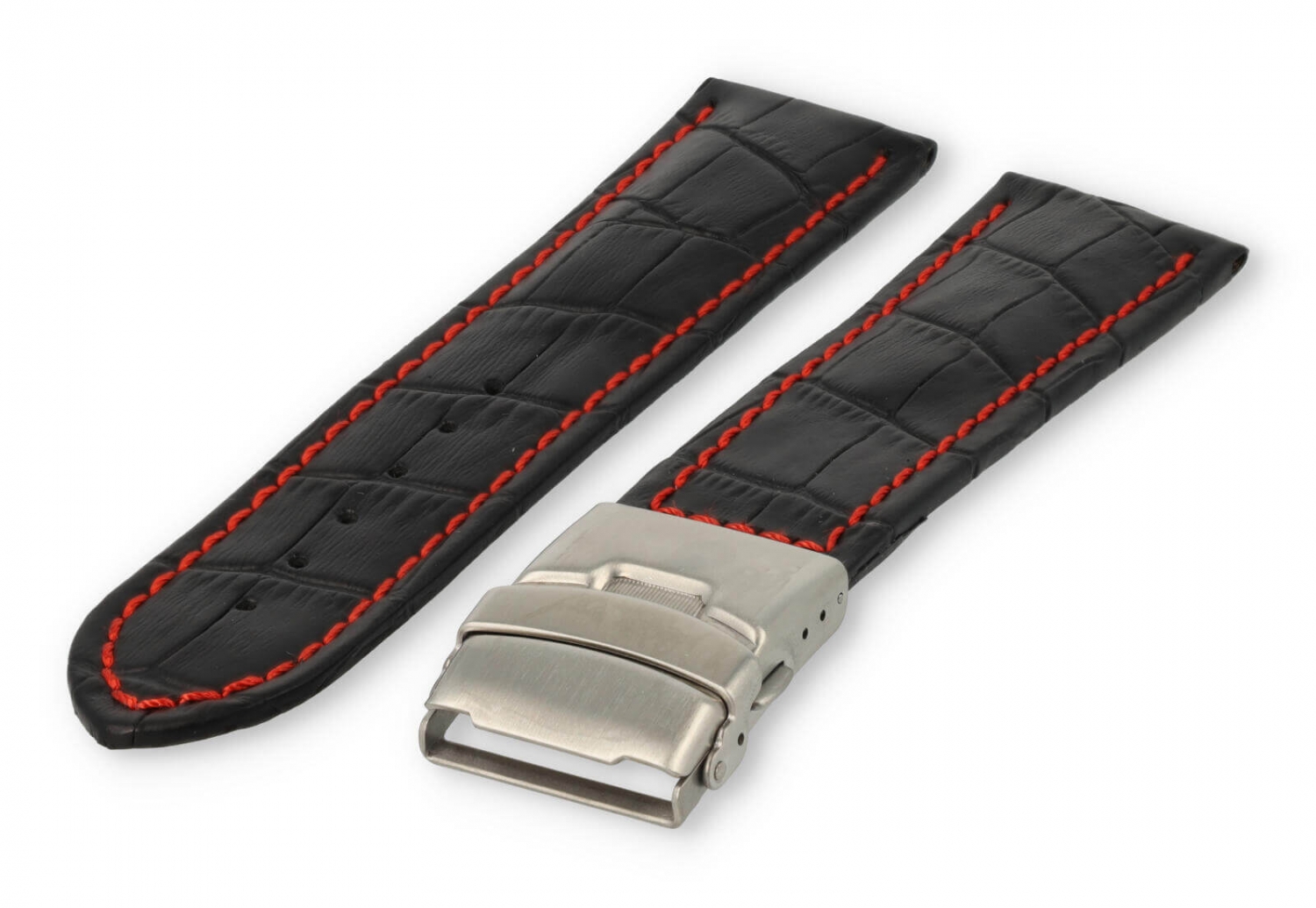Uhrenarmband mit Faltschließe 26mm schwarzes Leder mit roten Nähten