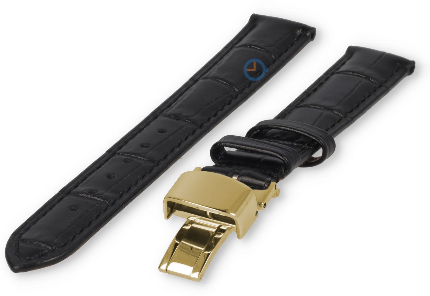 Luxe Seiko horlogeband zwart leer - vlindersluiting (goud) - 16mm