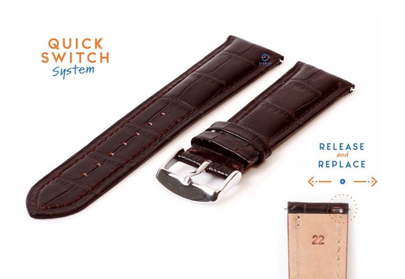 22mm Lederarmband mit Krokoprägung - dunkelbraun