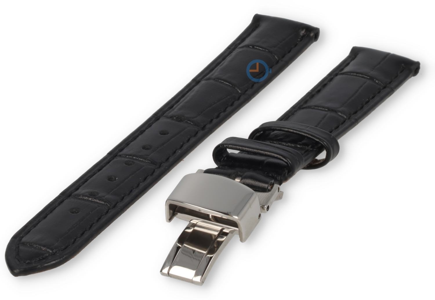 15mm Uhrenarmband Krokoleder mit Schmitterlingsfaltschließe - schwarz
