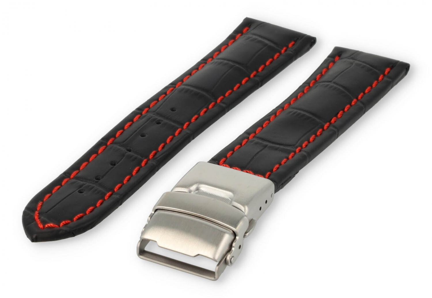 Uhrenarmband mit Faltschließe 22mm schwarzes Leder mit roten Nähten