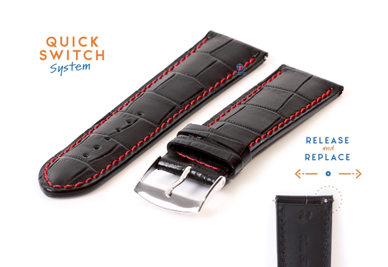 24mm Lederarmband mit KrokoprÃ¤gung - schwarz mit rot