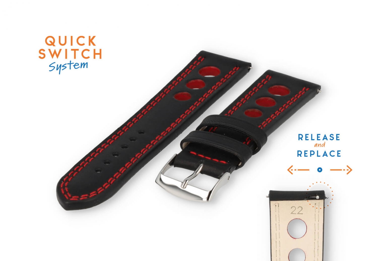 Uhrenarmband 22mm racing schwarz mit roter Naht