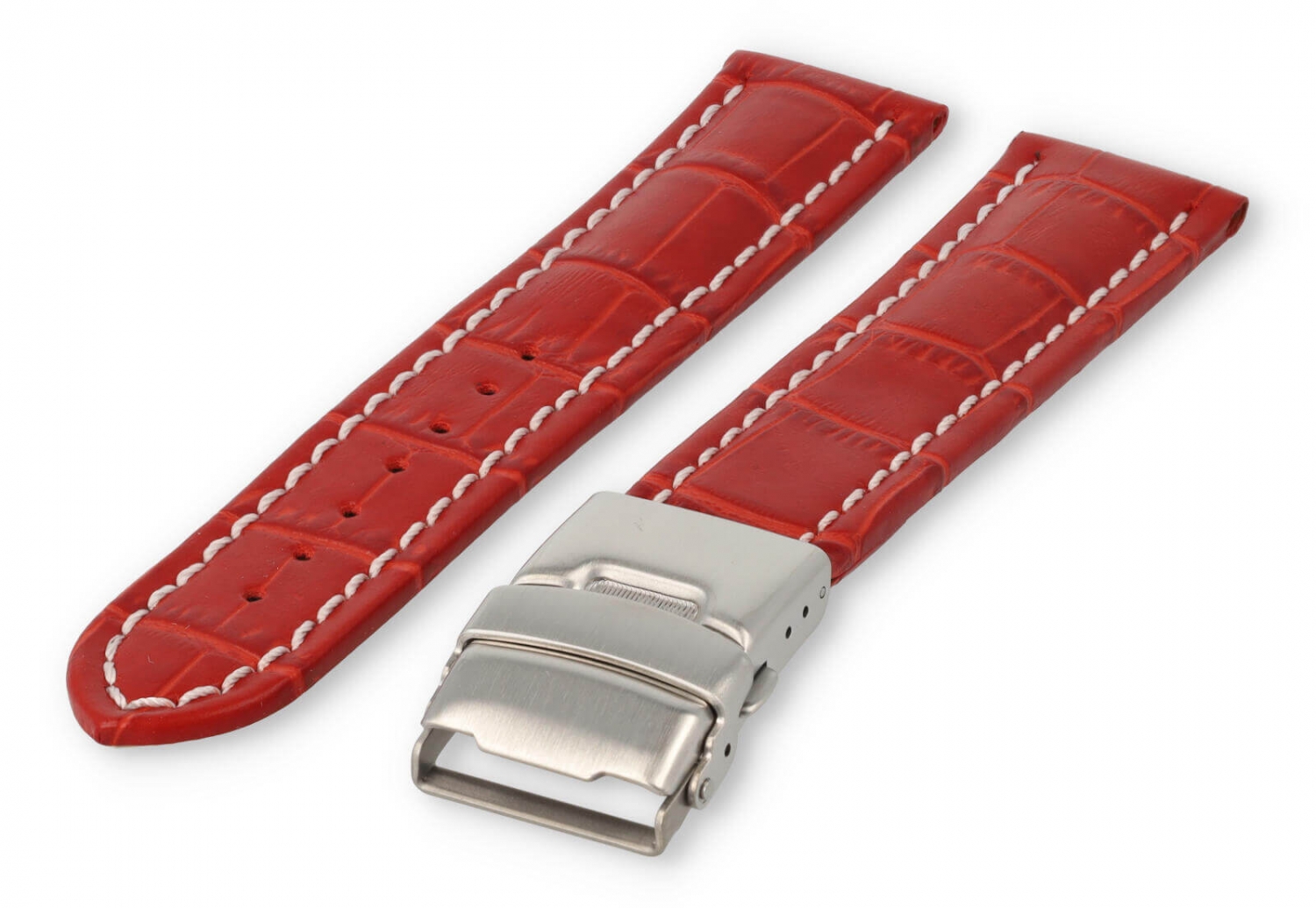 Uhrenarmband mit Faltschließe 22mm rotes Leder mit weißen Nähten