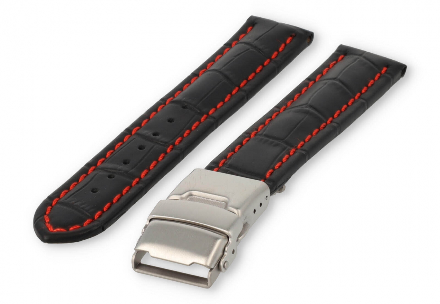 Uhrenarmband mit Faltschließe 18mm schwarzes Leder mit roten Nähten