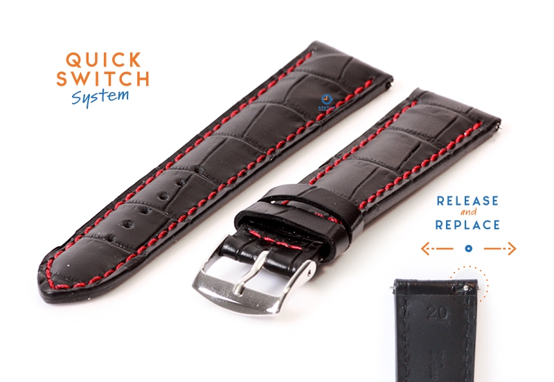 20mm Lederarmband mit KrokoprÃ¤gung - schwarz mit rot