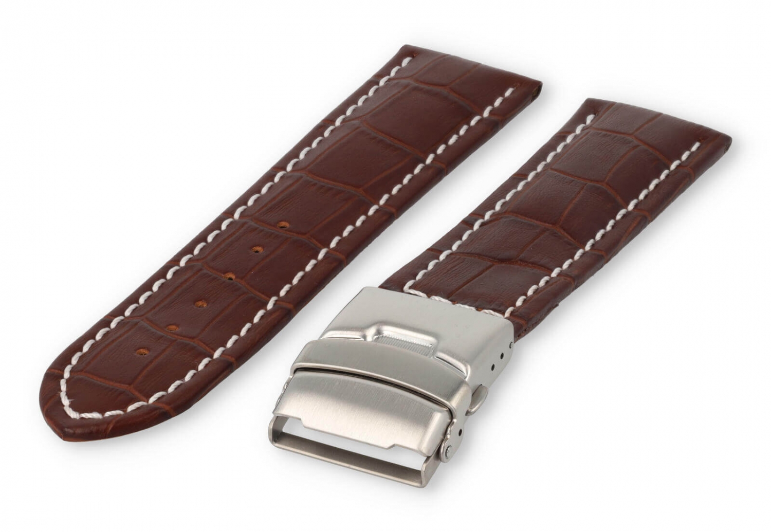 Uhrenarmband mit Faltschließe 26mm dunkelbraunes Leder mit weißen Nähten