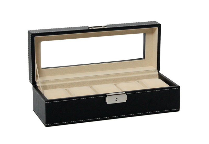 Leder-Uhrenbox mit Schloss für 5 Uhren-schwarz