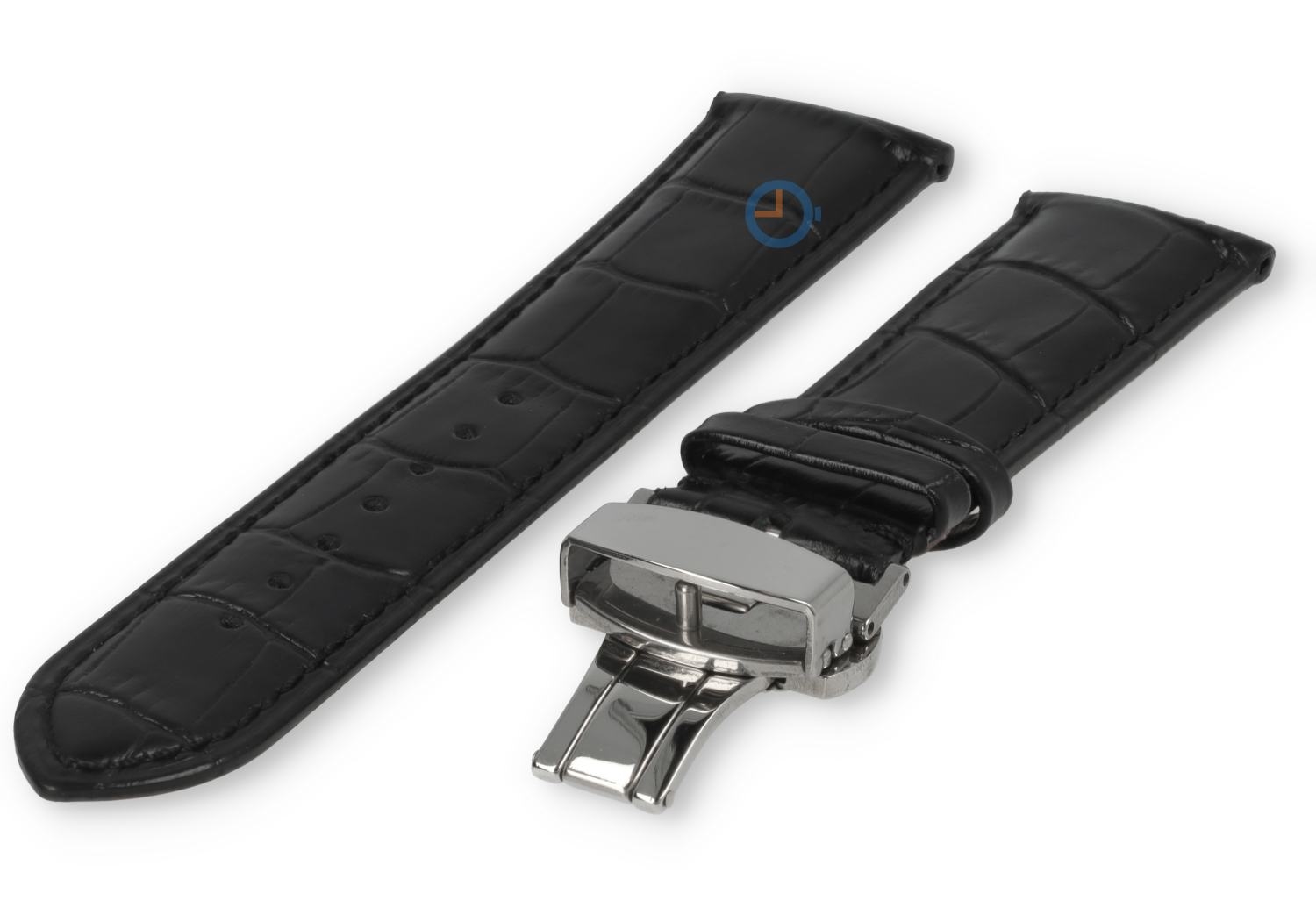 23mm Uhrenarmband Krokoleder mit Schmitterlingsfaltschließe - schwarz