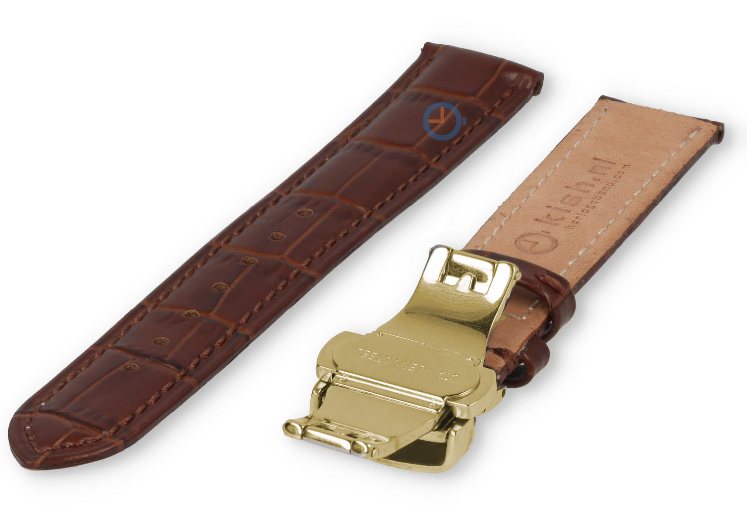 Luxuriöses Edox-Uhrenarmband aus dunkelbraunem Leder – Faltschließe (gold) – 16 mm