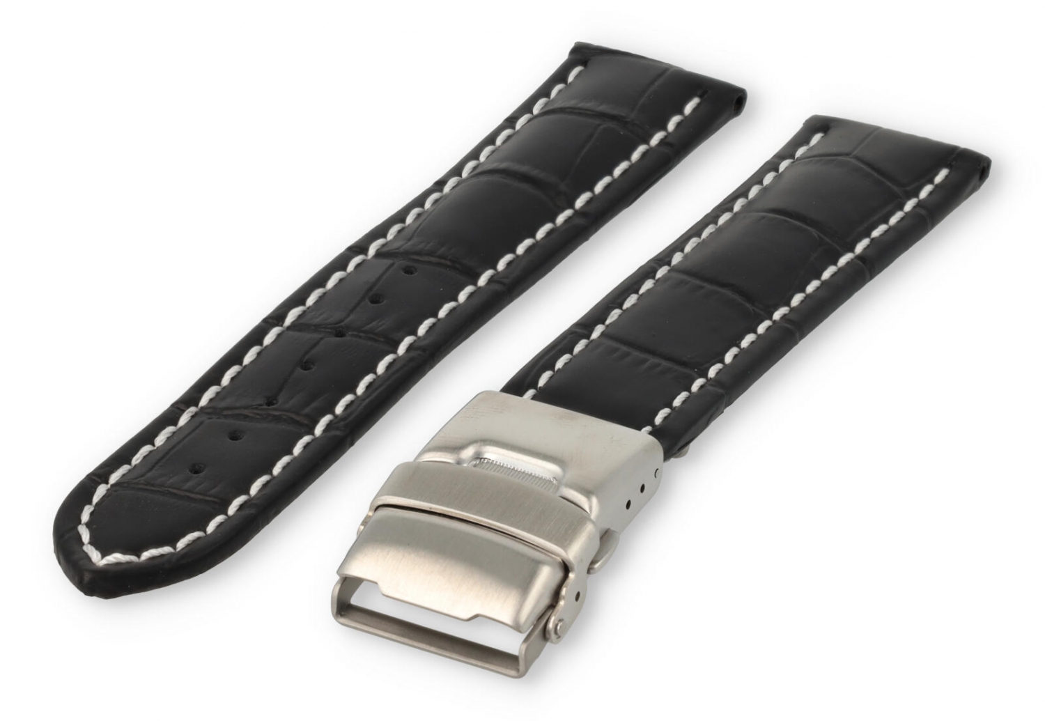 Uhrenarmband mit Faltschließe 24mm schwarzes Leder mit weißen Nähten