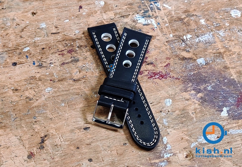 Horlogeband 20mm racing zwart met wit stiksel