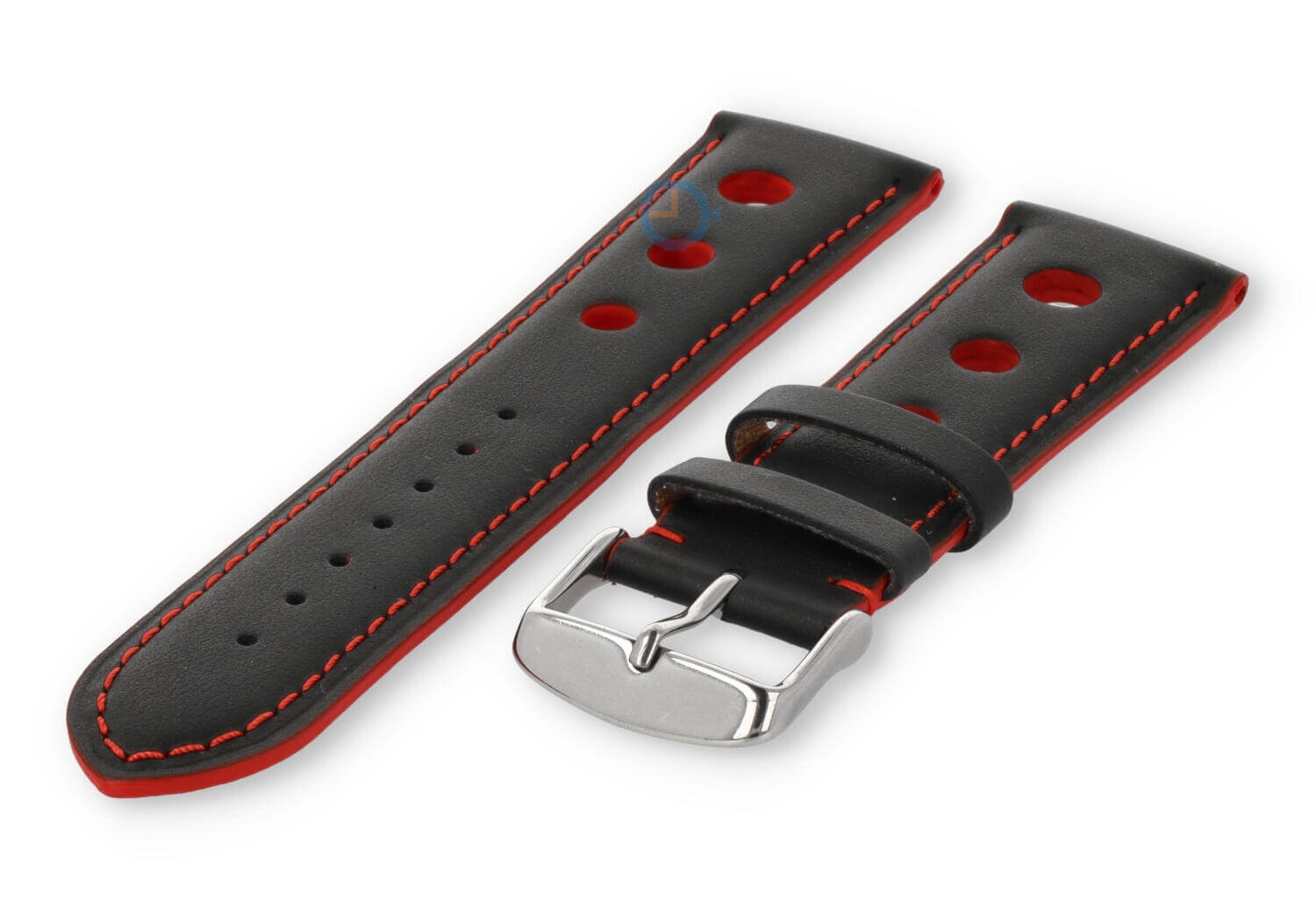 Rally Uhrenarmband aus Leder - 24mm - schwarz mit Rote Naht
