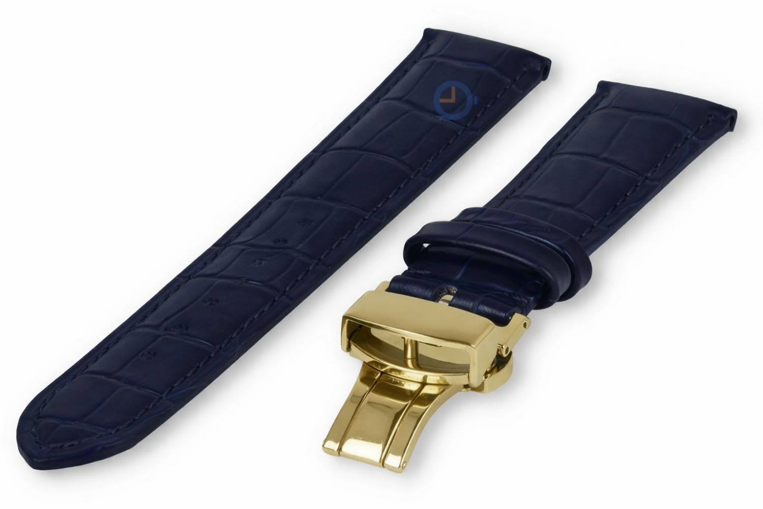 Luxe Edox horlogeband donkerblauw leer - vlindersluiting (goud) - 16mm