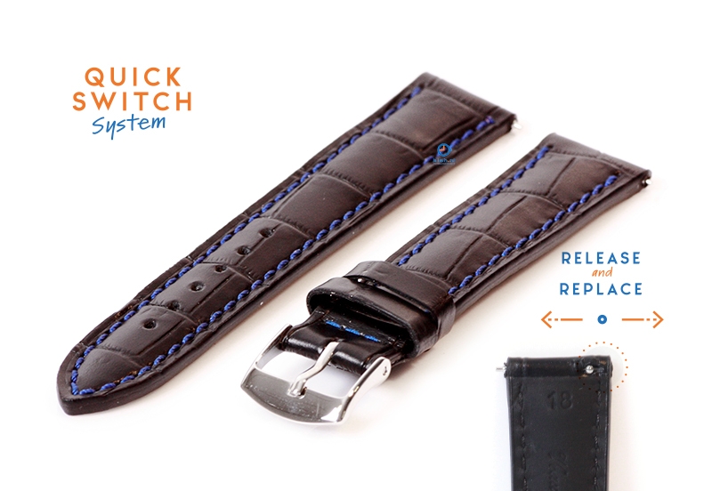 18mm Lederarmband mit KrokoprÃ¤gung - schwarz mit blau