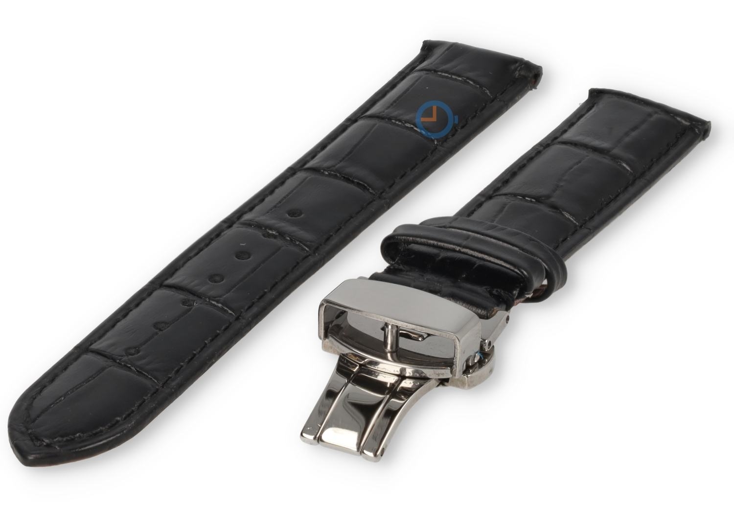 19mm Uhrenarmband Krokoleder mit Schmitterlingsfaltschließe - schwarz
