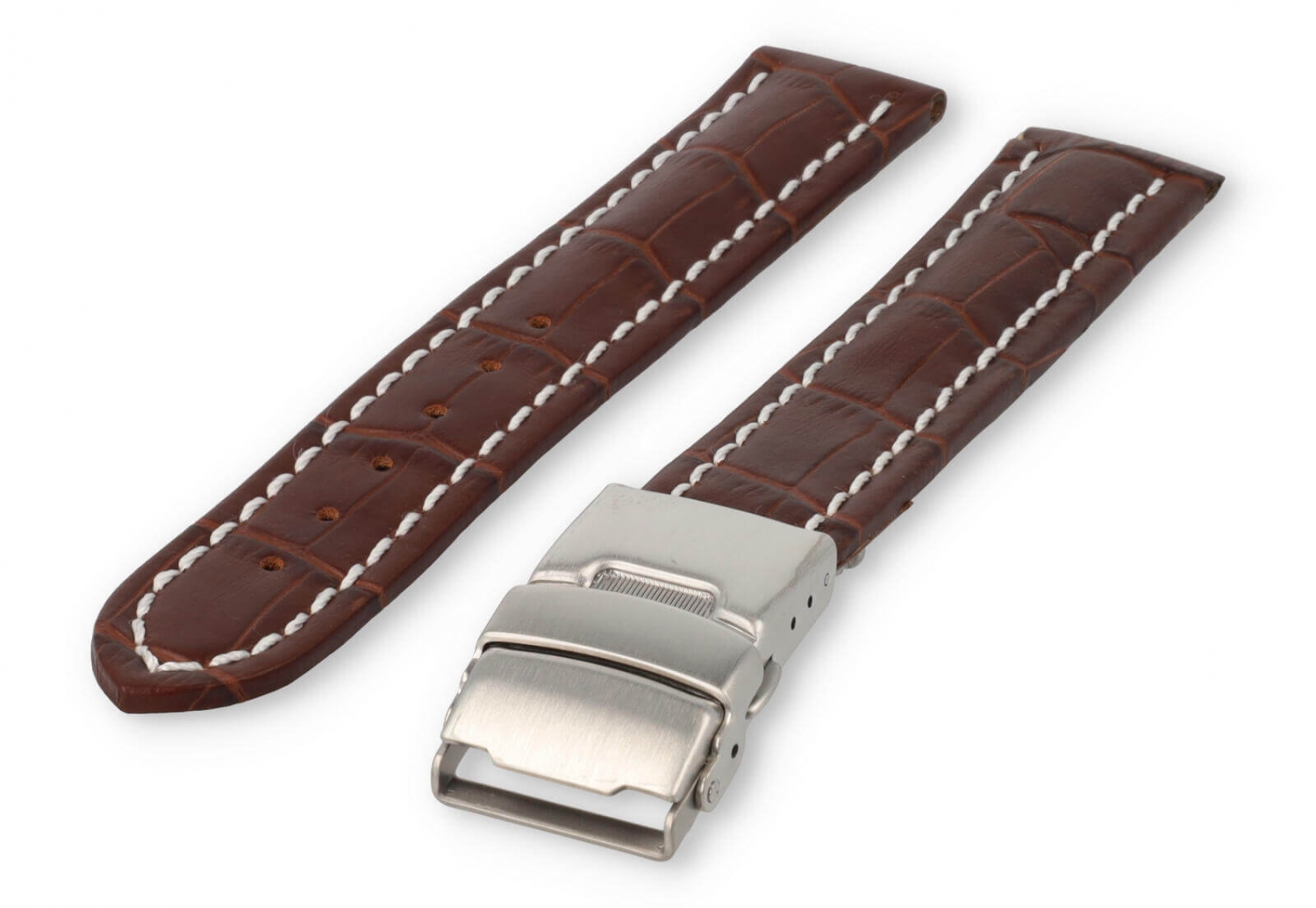 Uhrenarmband mit Faltschließe 18mm dunkelbraunes Leder mit weißen Nähten