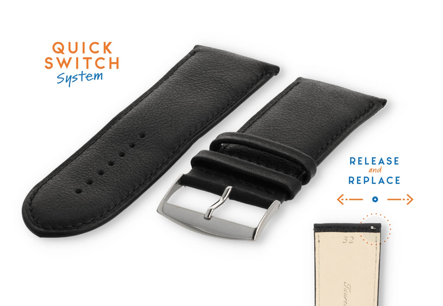 Uhrenarmband 32mm schwarz Leder