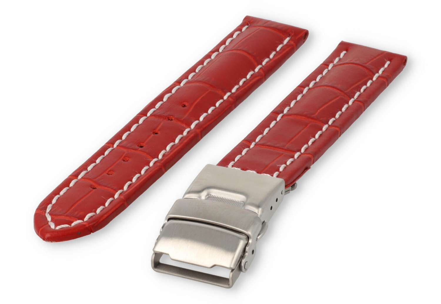 Uhrenarmband mit Faltschließe 18mm rotes Leder mit weißen Nähten