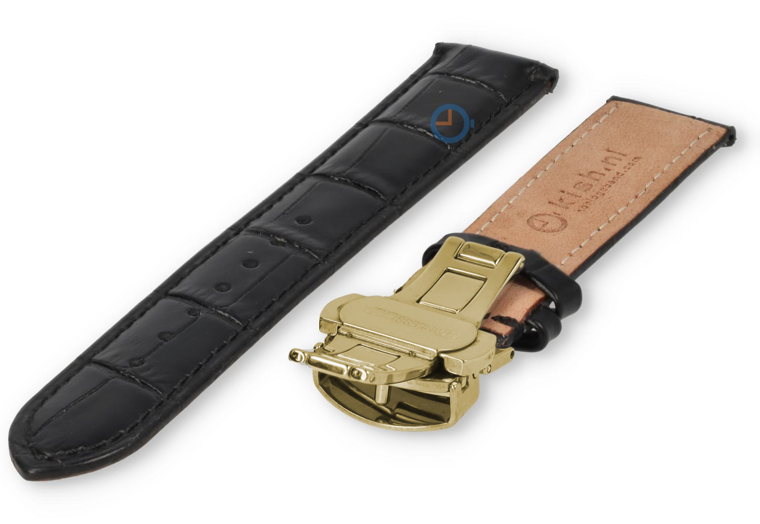 Luxuriöses Edox-Uhrenarmband aus schwarzem Leder – Faltschließe (gold) – 20 mm