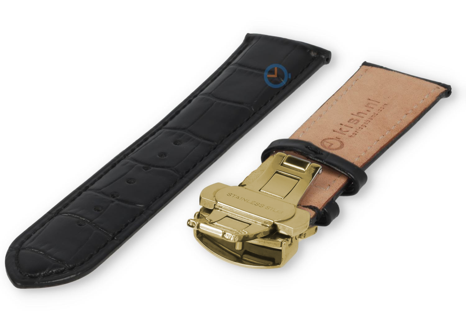 Luxuriöses Hamilton-Uhrenarmband aus schwarzem Leder – Faltschließe (gold) – 22 mm