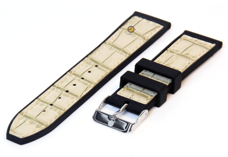 Uhrenarmband 22mm Schwarz/Beige Silikon mit Kroko - Druck