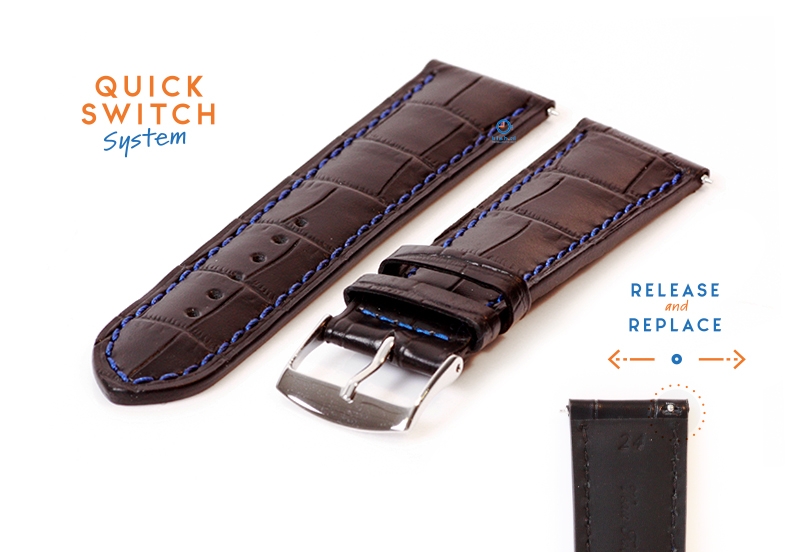 24mm Lederarmband mit KrokoprÃ¤gung - schwarz mit blau