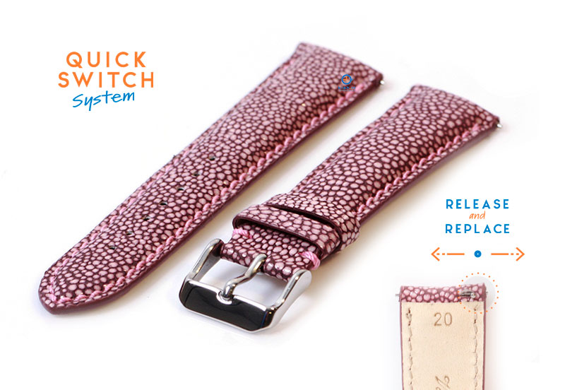 Uhrenarmband 20mm Rosa Leder mit Stingray - Druck