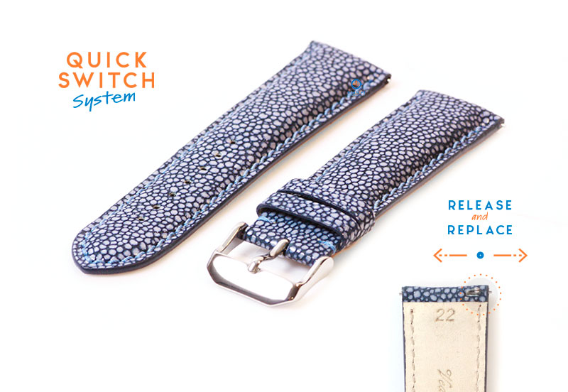Uhrenarmband 22mm Blau Leder mit Stingray - Druck