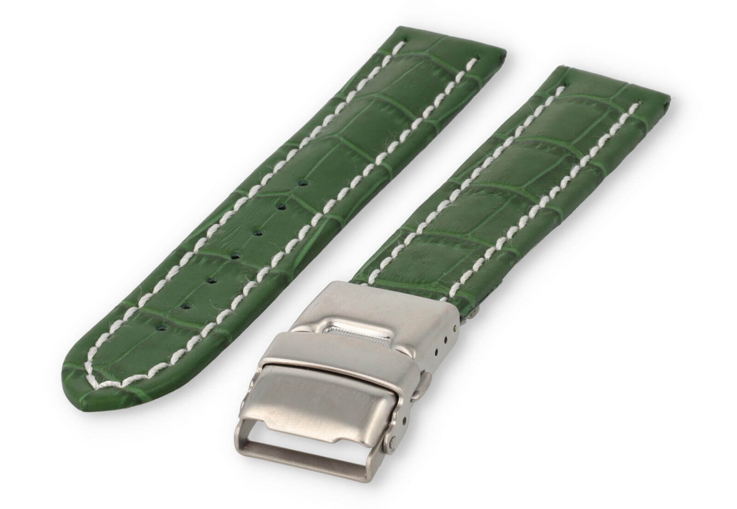Uhrenarmband mit Faltschließe 18mm grünes Leder mit weißen Nähten