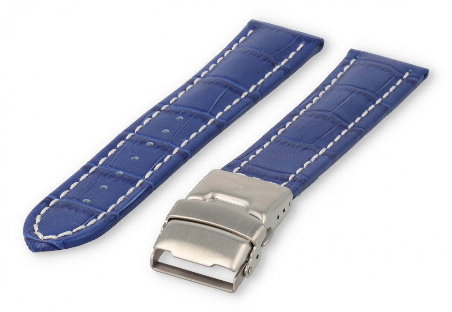 Uhrenarmband mit Faltschließe 20mm königsblaues Leder mit weißen Nähten