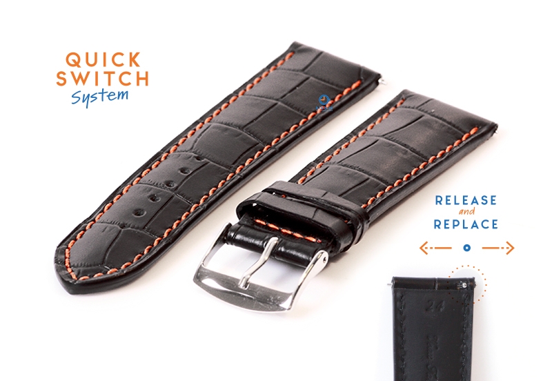 24mm Lederarmband mit KrokoprÃ¤gung - schwarz mit orange