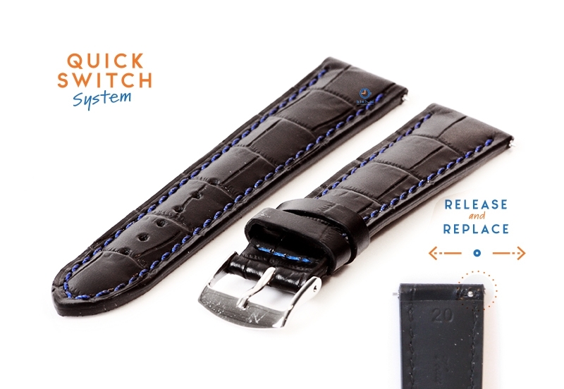 20mm Lederarmband mit KrokoprÃ¤gung - schwarz mit blau
