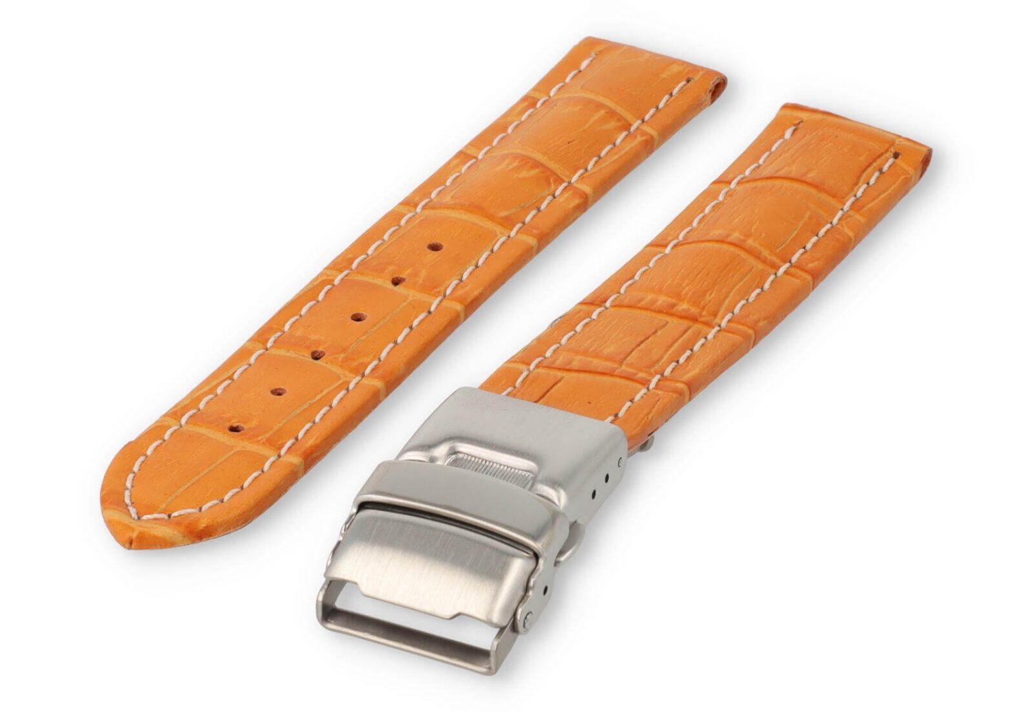 Uhrenarmband mit Faltschließe 18mm orangenes Leder mit weißen Nähten