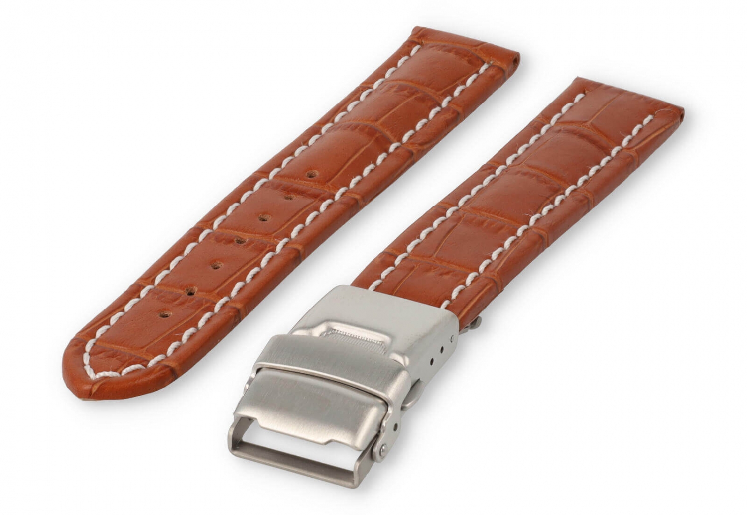 Uhrenarmband mit Faltschließe 18mm hellbraunes Leder mit weißen Nähten