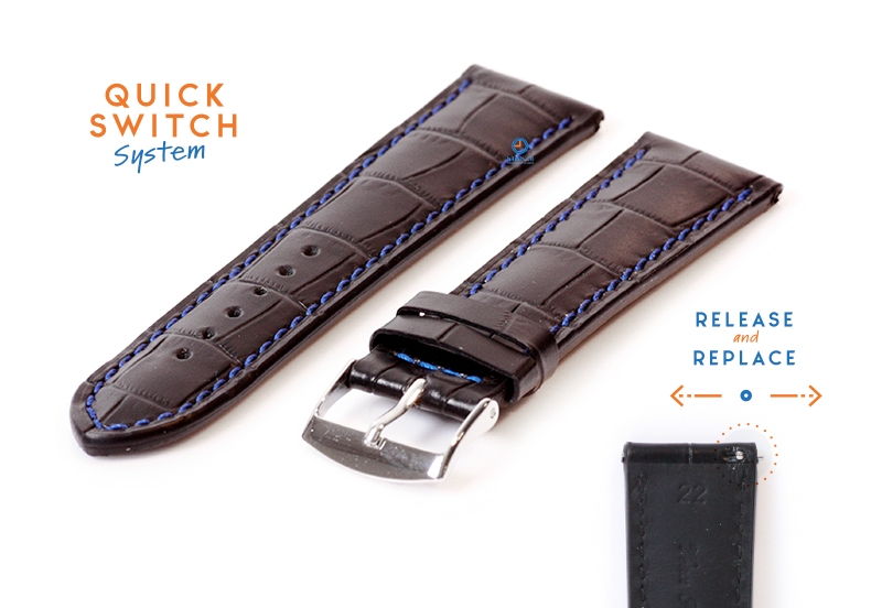 22mm Lederarmband mit Krokoprägung - schwarz mit blau