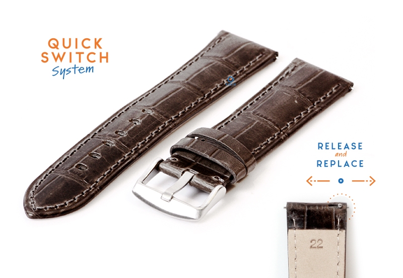 22mm Lederarmband mit Krokoprägung - grau