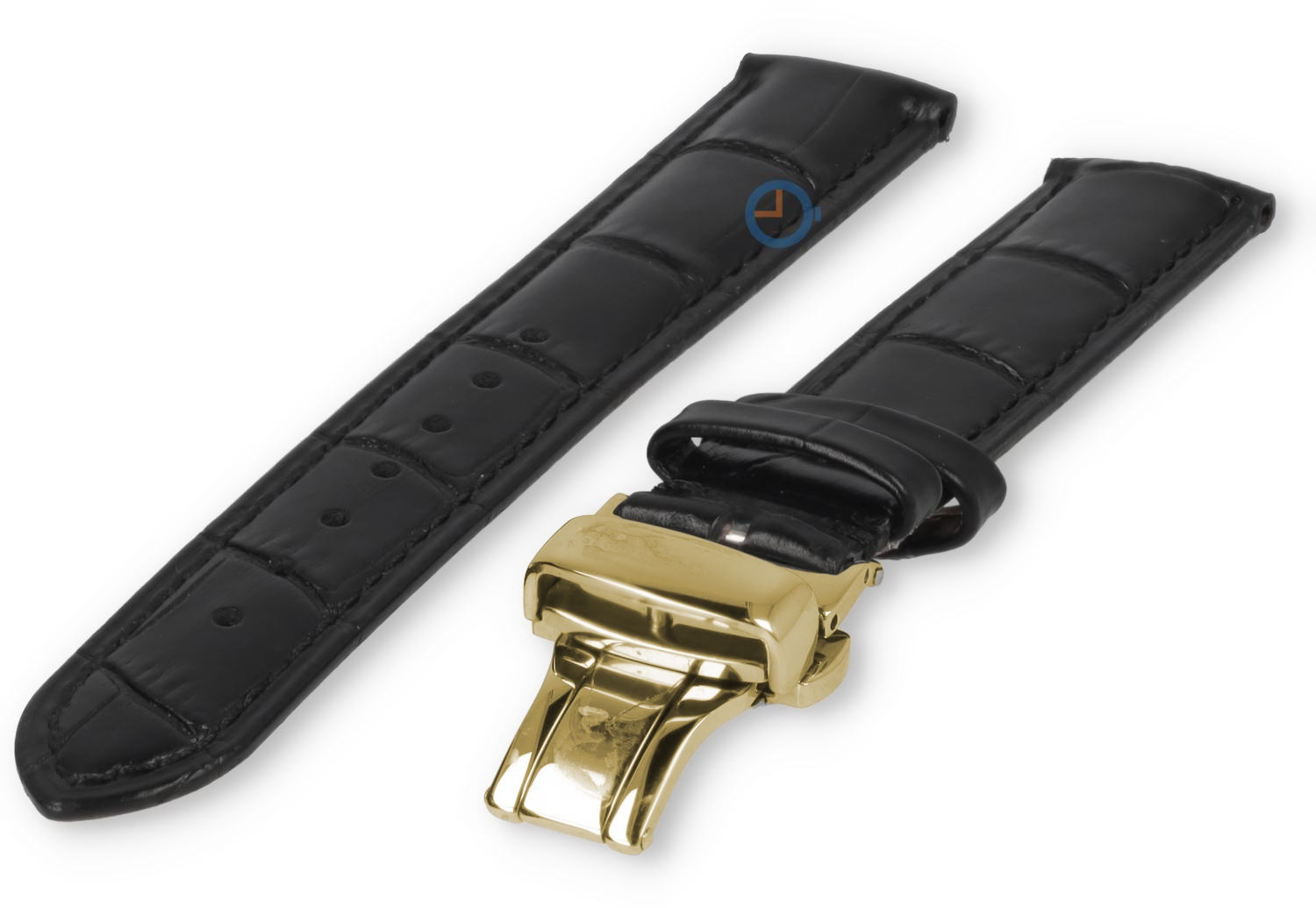 Luxe Seiko horlogeband zwart leer - vlindersluiting (goud) - 18mm