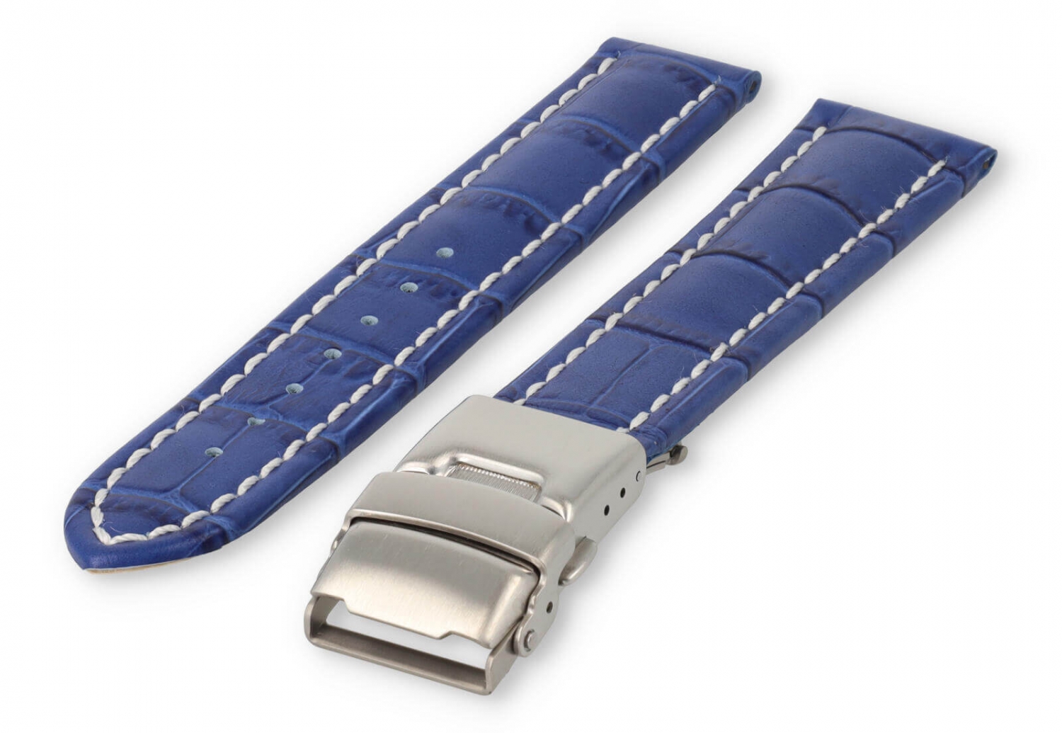 Uhrenarmband mit Faltschließe 18mm königsblaues Leder mit weißen Nähten